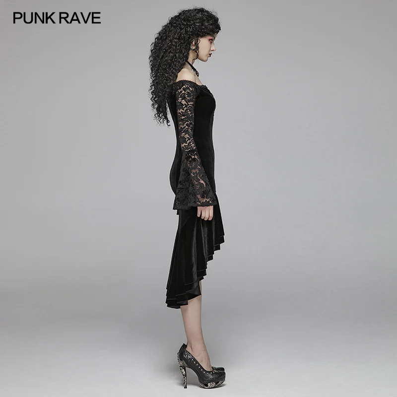 Gothic Women Velvet Long Sleeve High-low Lace Dress - Image 2