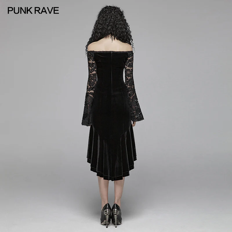 Gothic Women Velvet Long Sleeve High-low Lace Dress - Image 3