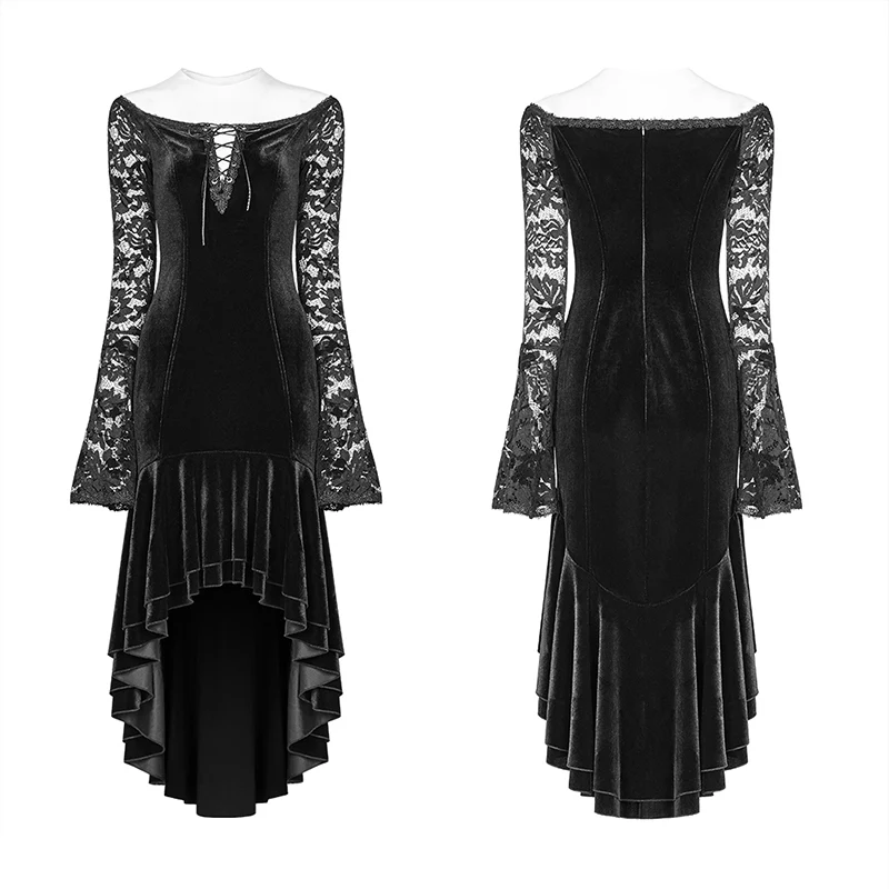 Gothic Women Velvet Long Sleeve High-low Lace Dress - Image 4