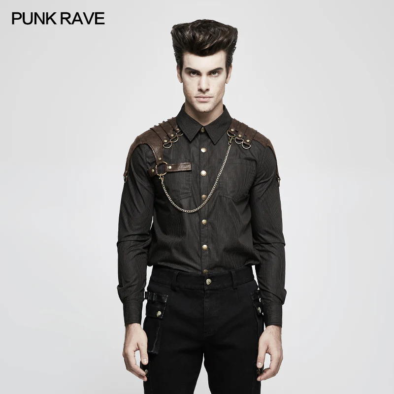 Handsome Striped Punk Shirt With Free Hanging Metal Chain - Image 6