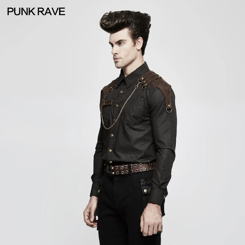 Handsome Striped Punk Shirt With Free Hanging Metal Chain - Image 7