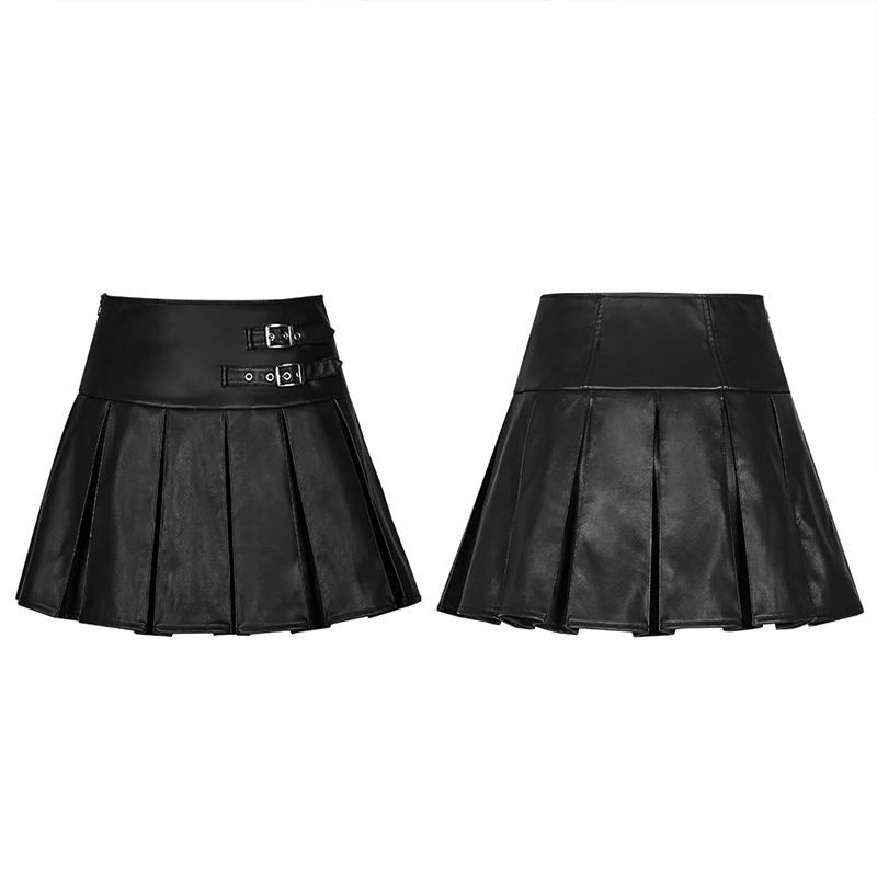 High Waist Metal Buckle Decorative Pleated PU Half Skirt - Image 4