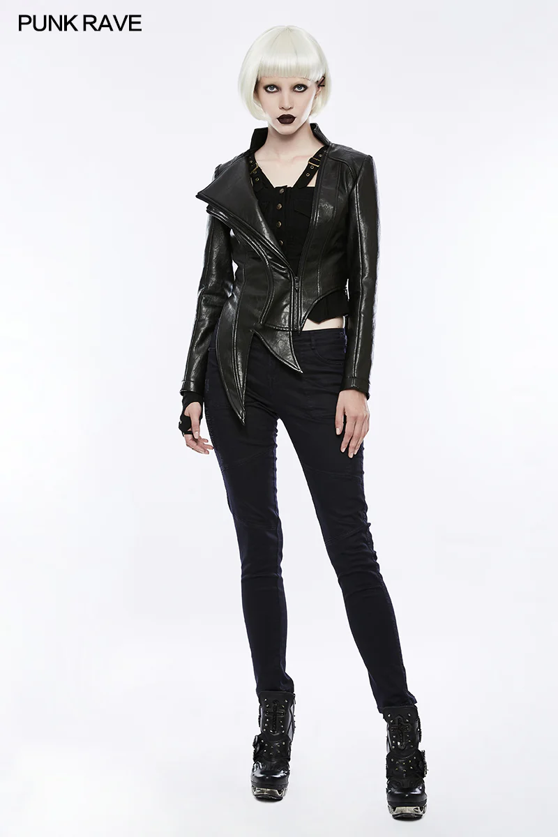 Irregular Shaped Bright Leather Punk Jacket With Stand Collar - Image 6