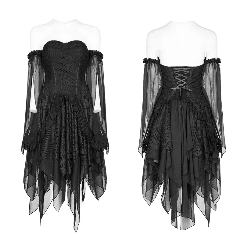 Lolita Black Off Shoulder Irregular Hem Elf Dress - Image 4