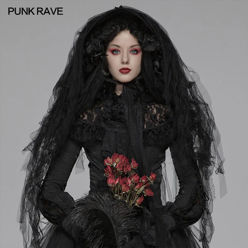 Lolita Dark Hat Long Irregular Tulle And Lace Headwear With Three-dimensional Flower Decoration