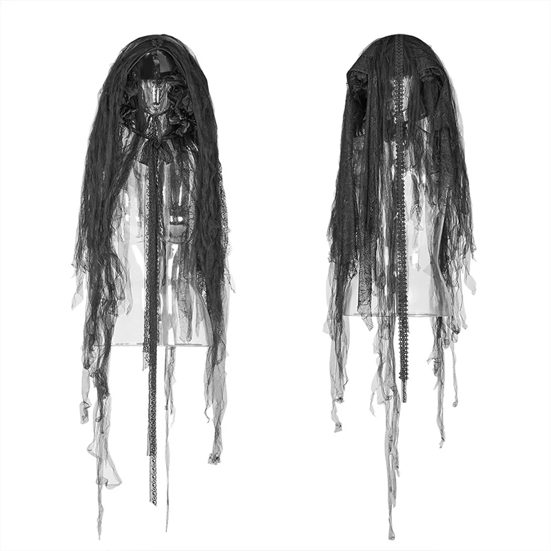 Lolita Dark Hat Long Irregular Tulle And Lace Headwear With Three-dimensional Flower Decoration - Image 4