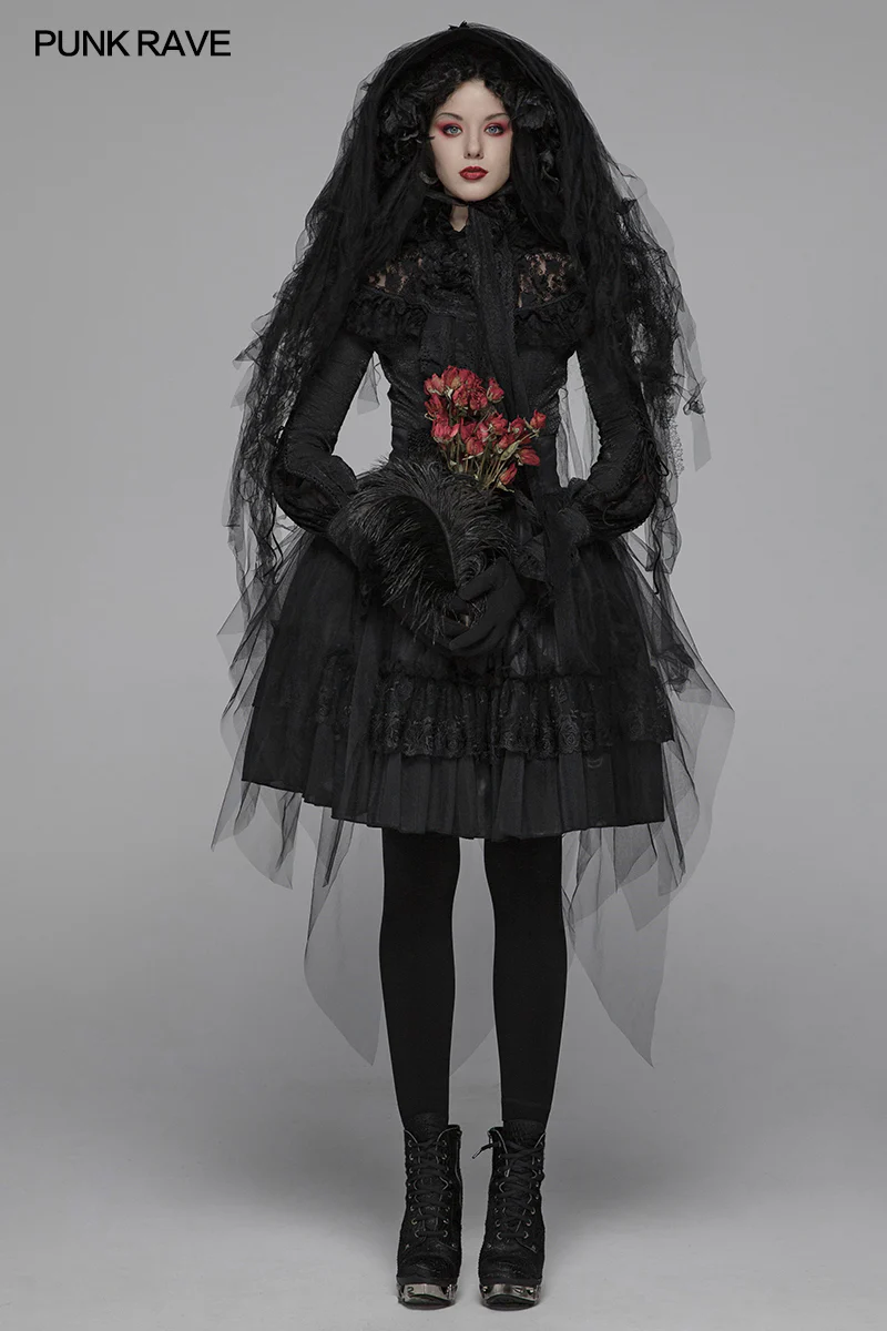 Lolita Dark Hat Long Irregular Tulle And Lace Headwear With Three-dimensional Flower Decoration - Image 6