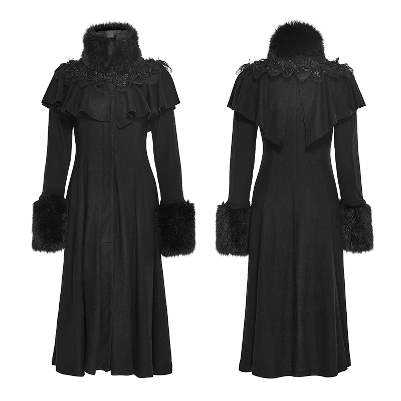 Lolita Style Long Shawl Woolen Gothic Coat With Imitation Fur Collar - Image 4