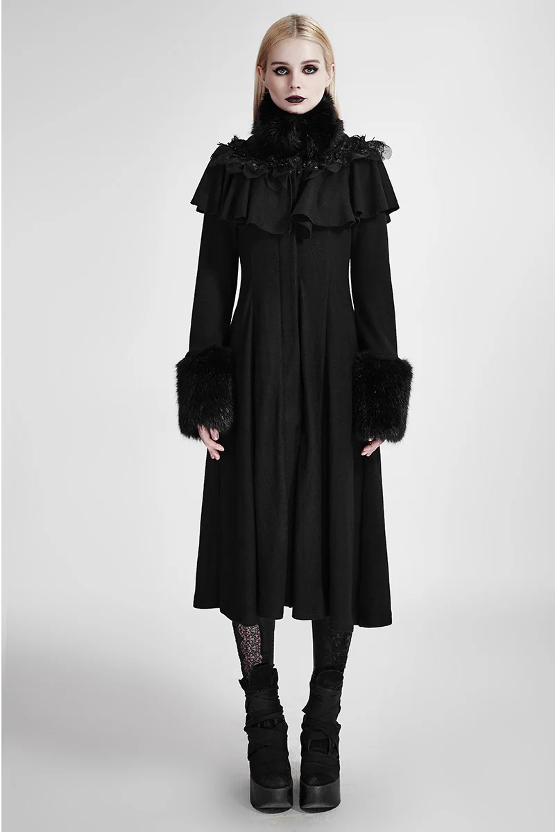 Lolita Style Long Shawl Woolen Gothic Coat With Imitation Fur Collar - Image 6