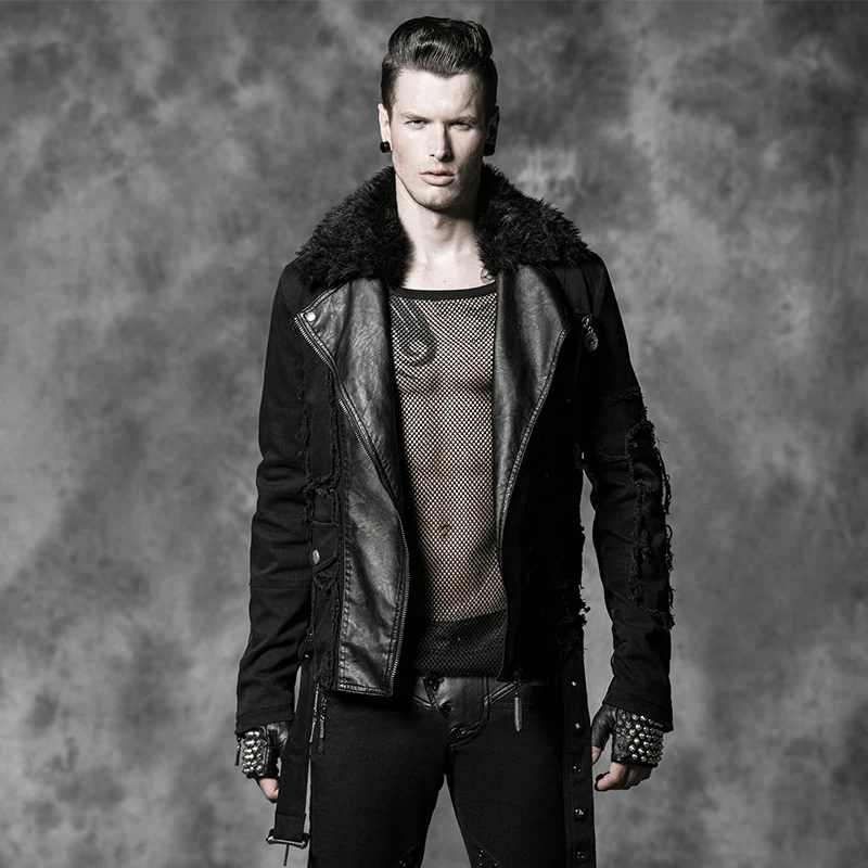 Long Leather Punk Coat With The Warm Black Fur Collar For Men