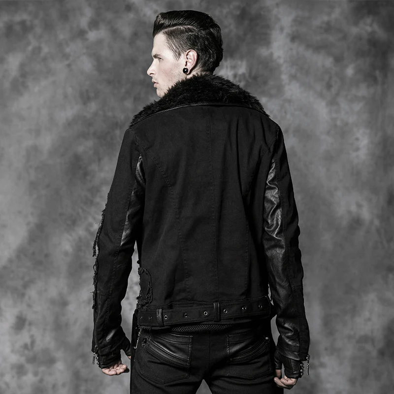 Long Leather Punk Coat With The Warm Black Fur Collar For Men - Image 2