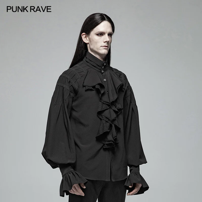 Men Dark Victorian Standing Collar Loose Ruffle Long Sleeve Shirt - Image 2