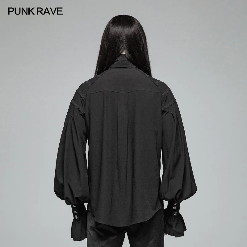 Men Dark Victorian Standing Collar Loose Ruffle Long Sleeve Shirt - Image 3