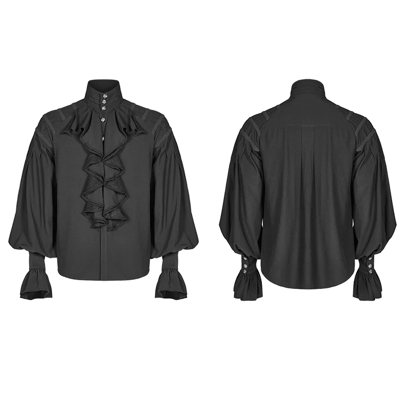 Men Dark Victorian Standing Collar Loose Ruffle Long Sleeve Shirt - Image 4