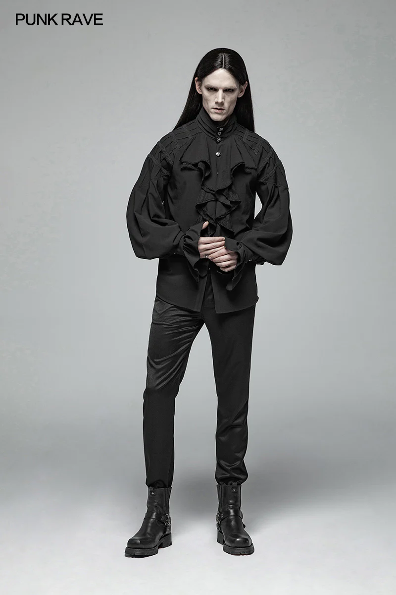 Men Dark Victorian Standing Collar Loose Ruffle Long Sleeve Shirt - Image 6