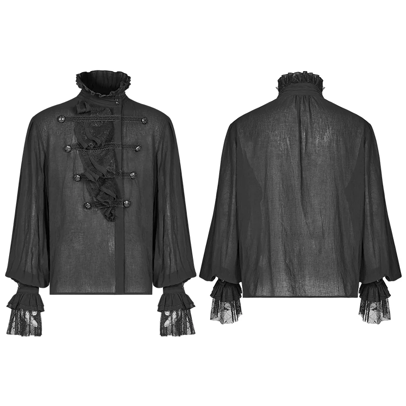 Men Gothic Partial Placket Lotus Leaf Loose Shirt With Standing Collar - Image 4