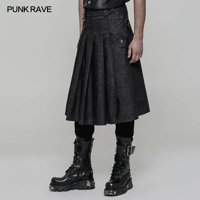 Men Pleated Half Punk Skirt With Stereo Bag On The Right - Image 7