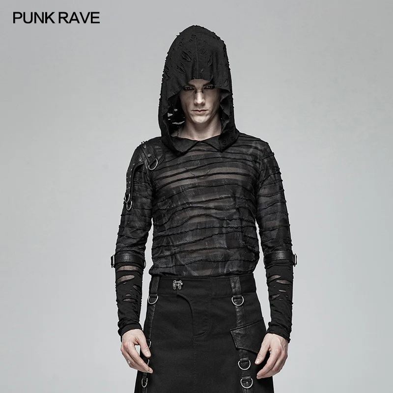 Men Punk Dark Printing Long Sleeves Hooded T-shirt