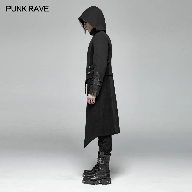 Men Punk Split Hooded Jacket Asymmetrical Long Trench Coat - Image 2