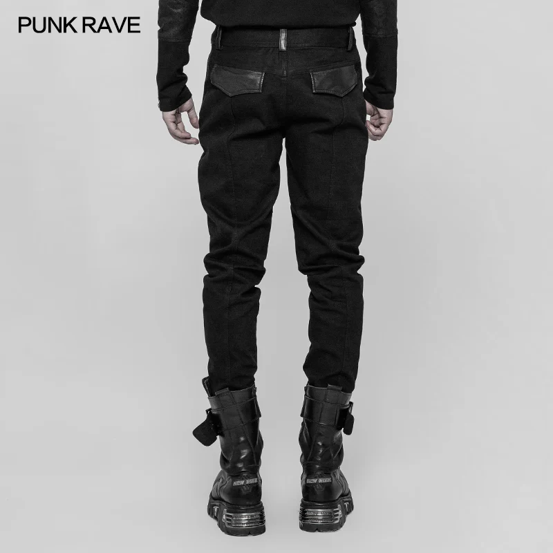 Men's Dark Punk Twill Denim Pants Leather Knee Armor Styling Trousers - Image 3