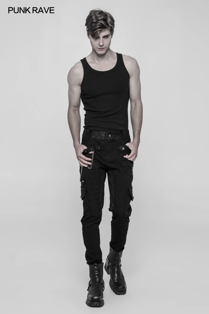 Men's Double Pocket Heavy Metal Punk Pants Floral Woven Waist Head Trousers - Image 6