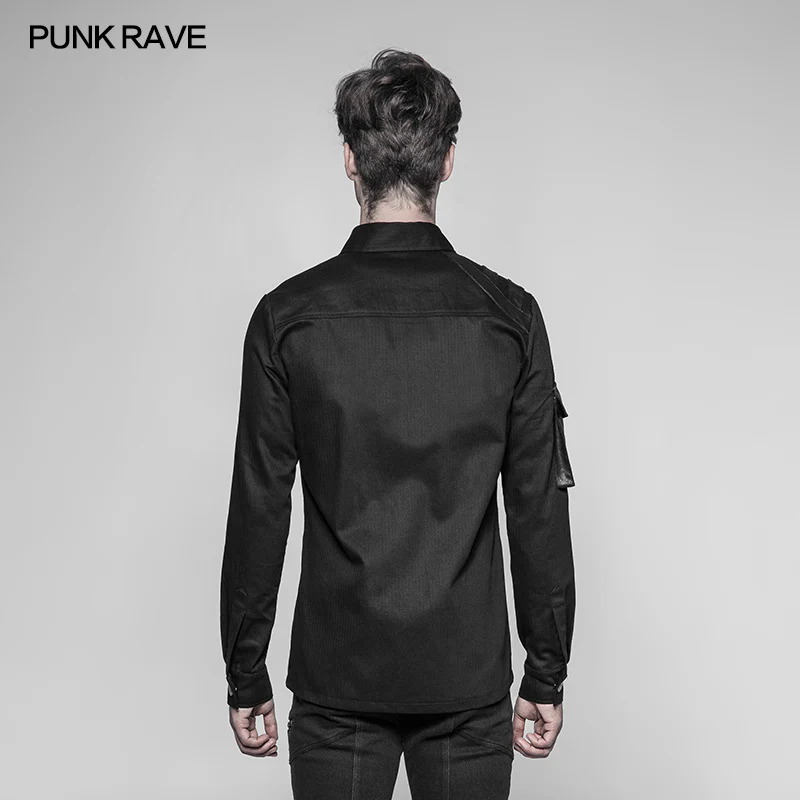 Men's Punk Heavy Woven And Shiny Leather Splicing Long Sleeve Shirt - Image 2