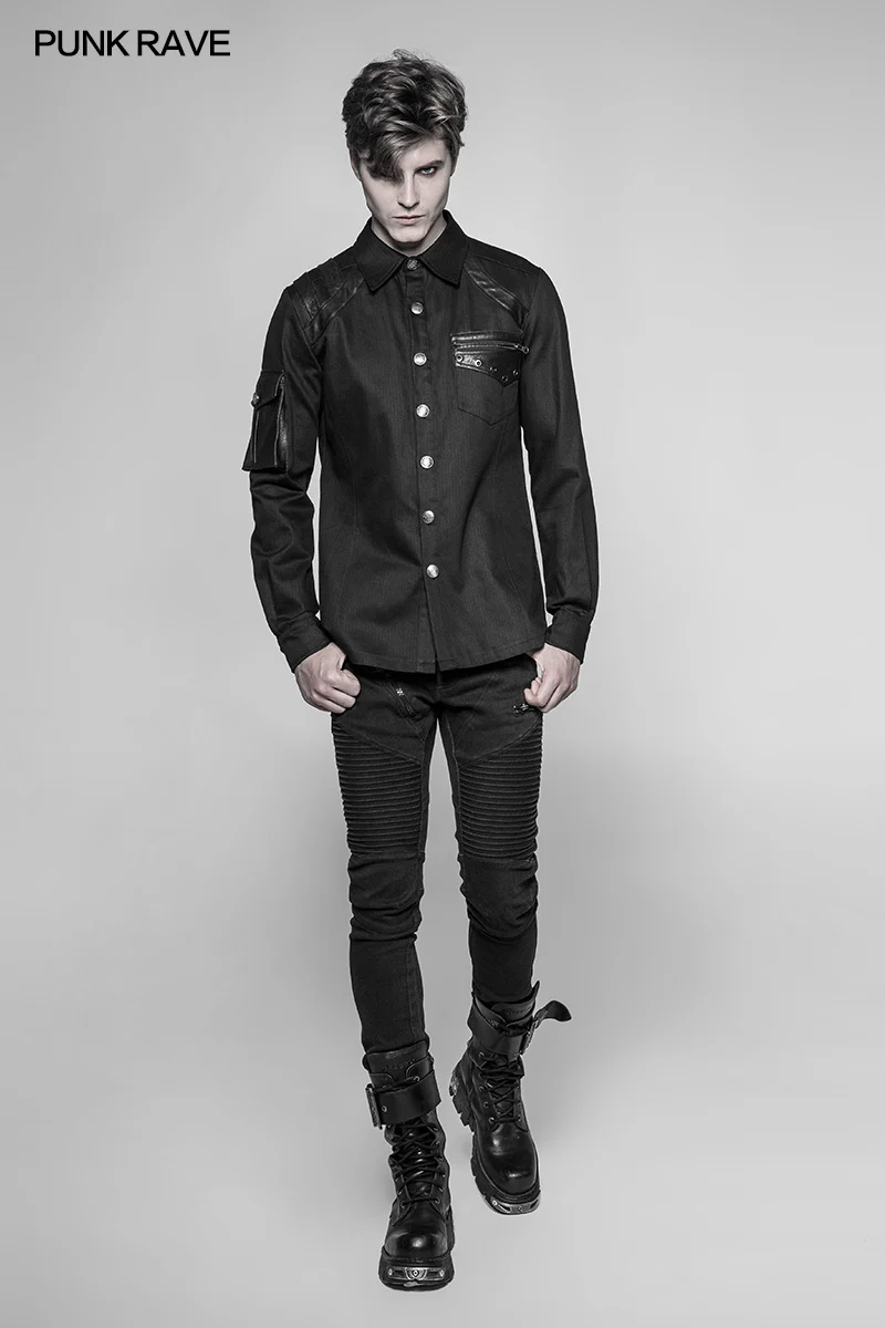 Men's Punk Heavy Woven And Shiny Leather Splicing Long Sleeve Shirt - Image 3