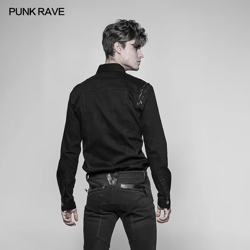 Men's Punk Tie Rope Personality Shirt With Double Pocket - Image 3