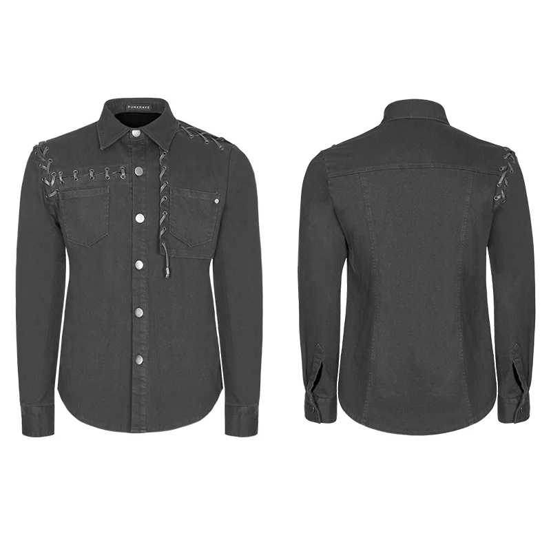 Men's Punk Tie Rope Personality Shirt With Double Pocket - Image 4