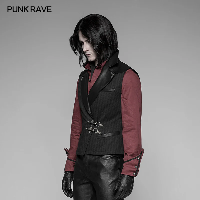 Men's Steampunk Vest Leather Stitched Dark Printed Waistcoat With Copper Buckle - Image 2