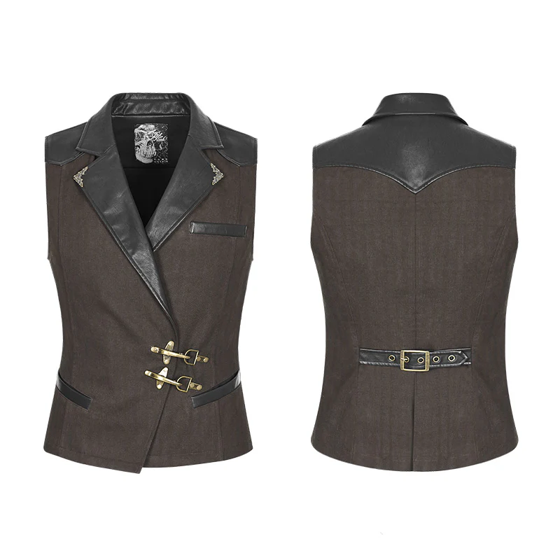 Men's Steampunk Vest Leather Stitched Dark Printed Waistcoat With Copper Buckle - Image 4