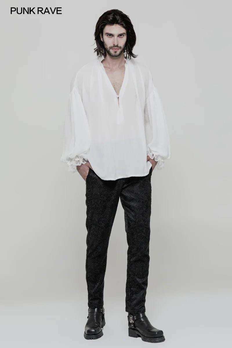 Men's Vintage Loose Soft Comfort Gothic Shirt With Large Neckline And Lace Cuff - Image 6