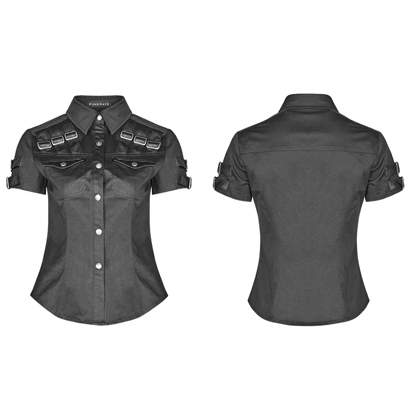 Military Short Sleeve Shirt With PU Loop And Metal Adjustment Buckle Blouse - Image 4