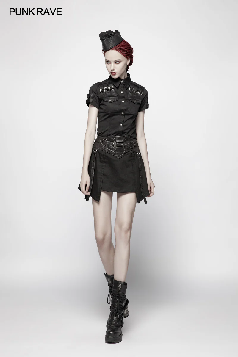 Military Short Sleeve Shirt With PU Loop And Metal Adjustment Buckle Blouse - Image 6