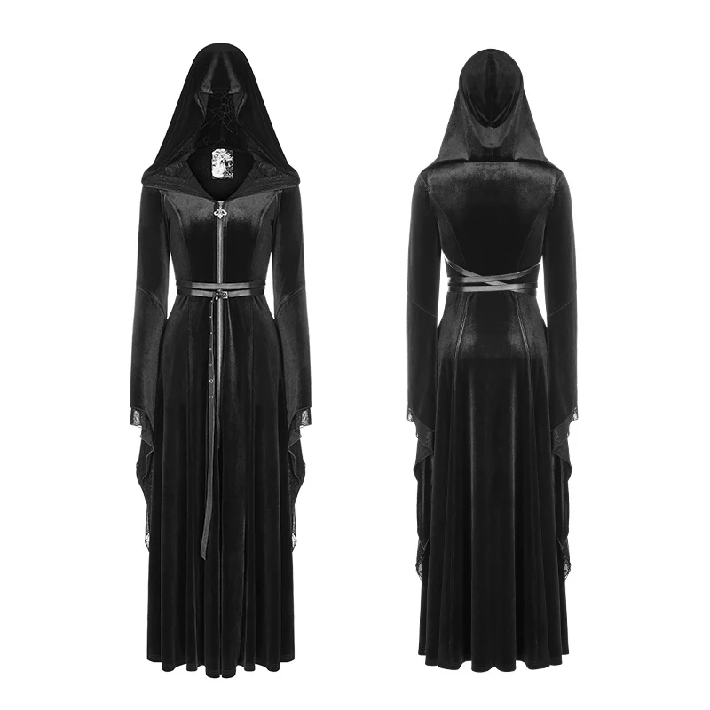 Mysterious Velvet Hooded Gothic Coat With Independent Waist Loops - Image 4