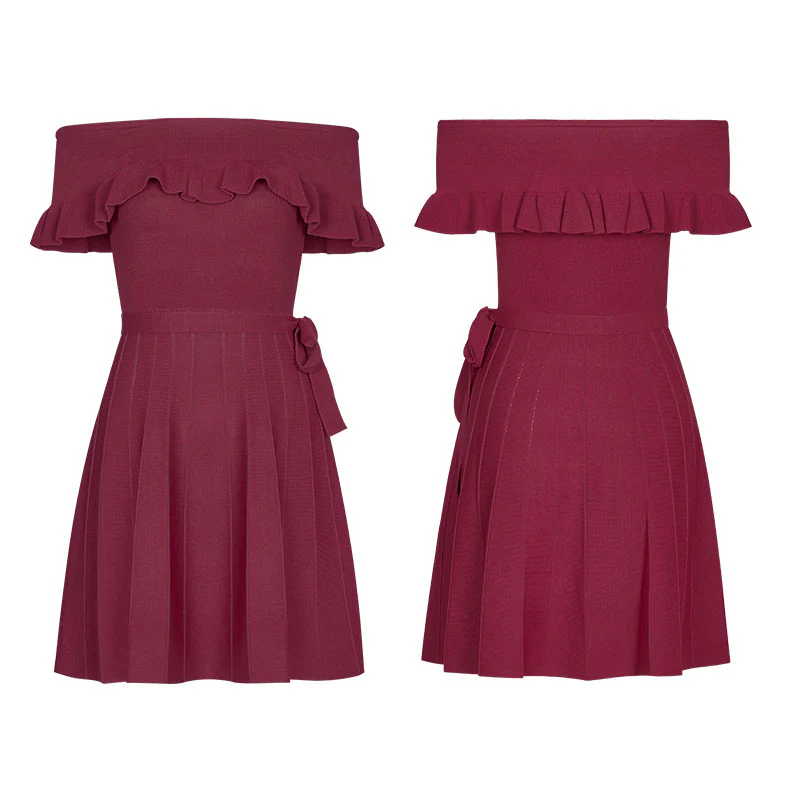 Off Shoulder Lotus Leaf Ice Silk Dress - Image 10