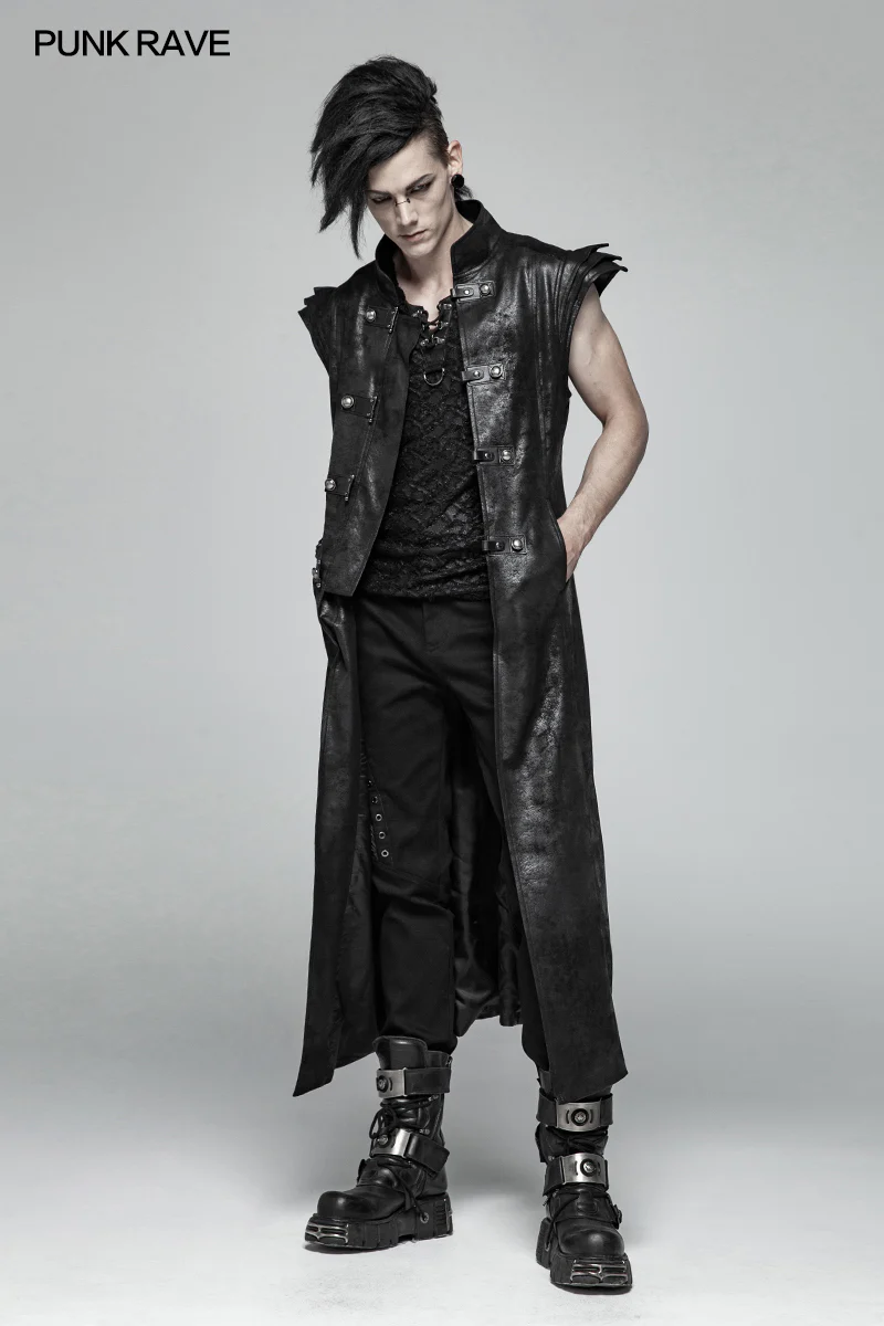 Punk Armor Long Vest Coat With PU Leather Buckle - Image 6