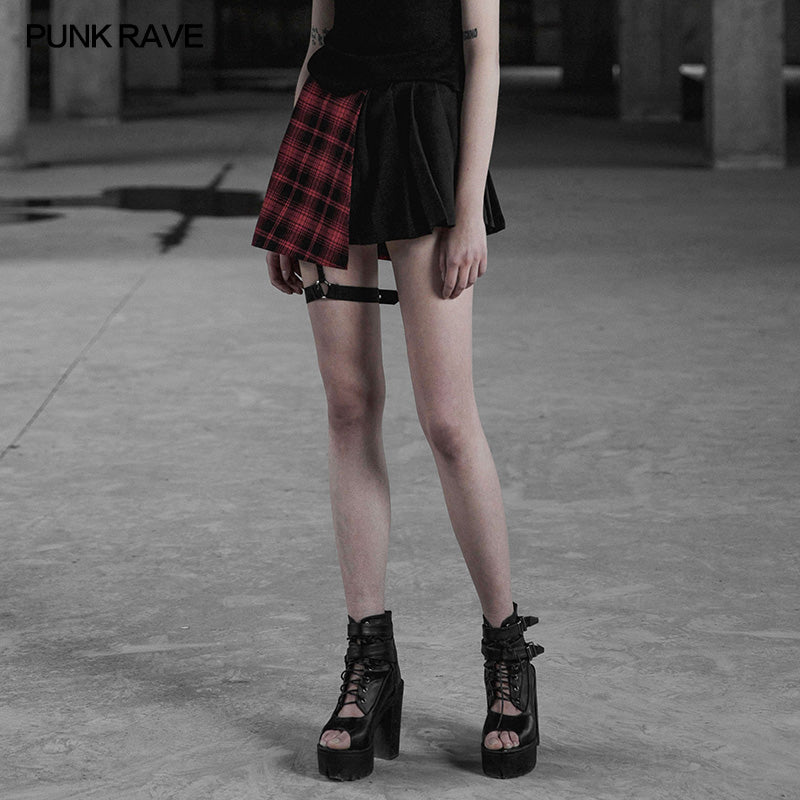 Punk Asymmetrical Black-Red Plaid Pleated Short Skirt For Women - Image 2