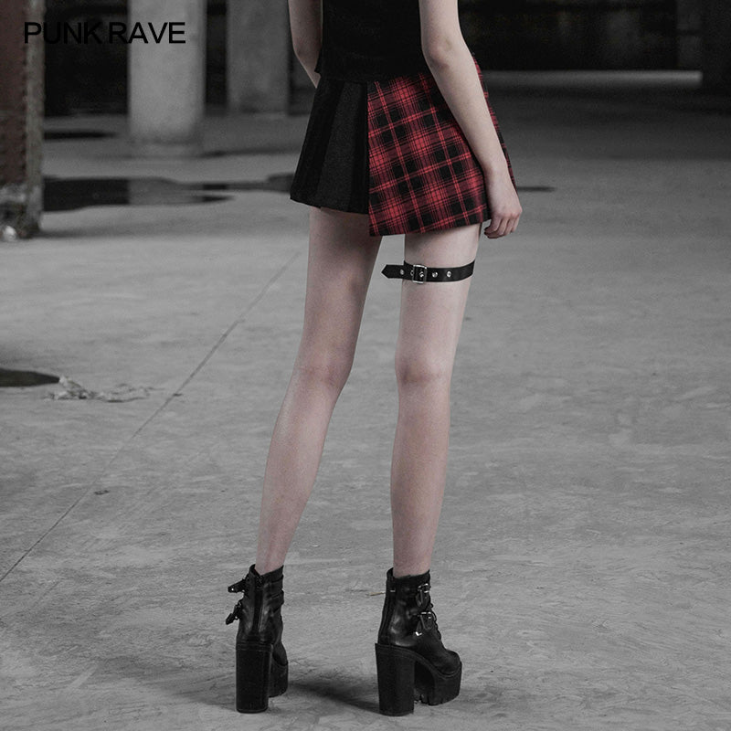 Punk Asymmetrical Black-Red Plaid Pleated Short Skirt For Women - Image 3