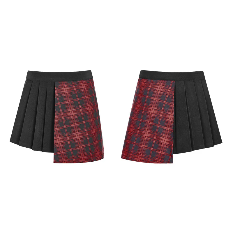 Punk Asymmetrical Black-Red Plaid Pleated Short Skirt For Women - Image 4