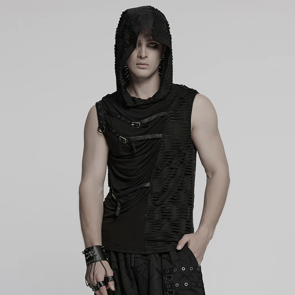 Punk asymmetrical splicing hooded vest