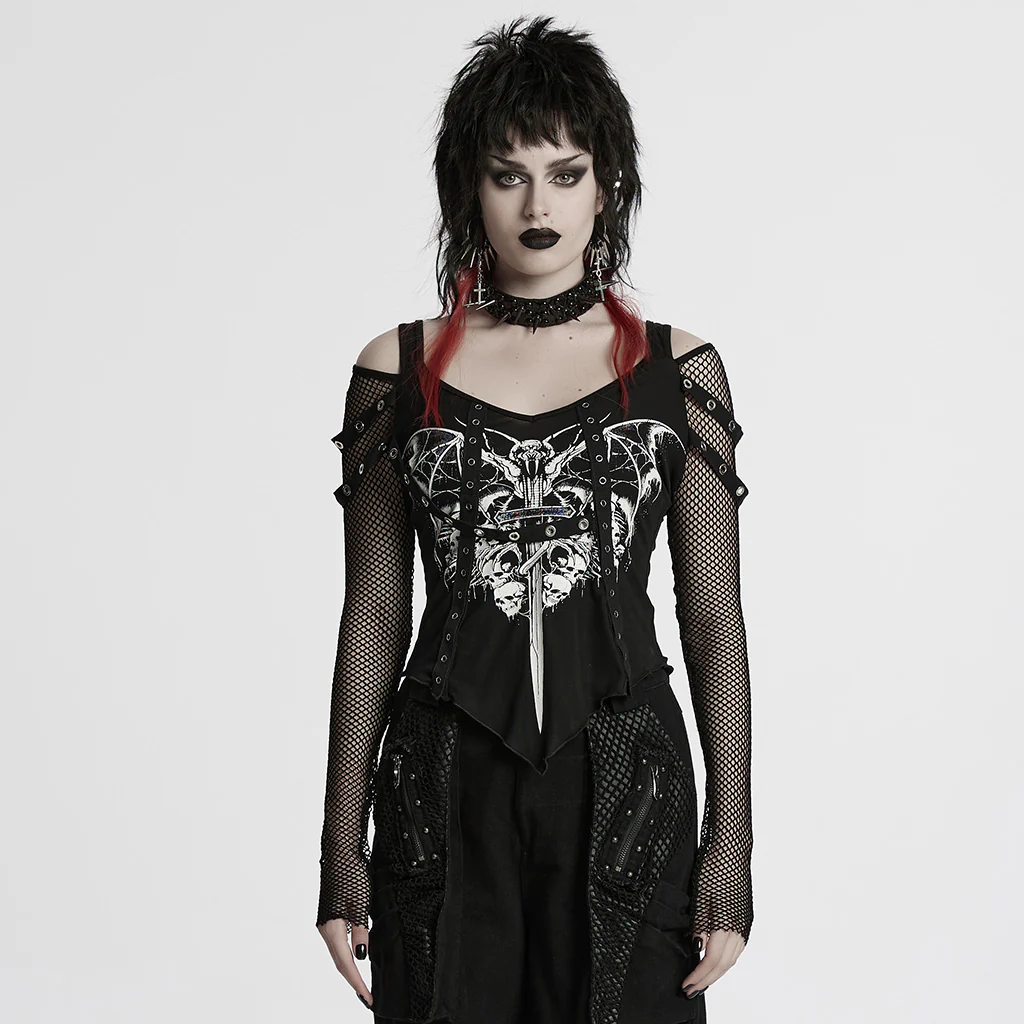 Punk bat skull printed T-shirt
