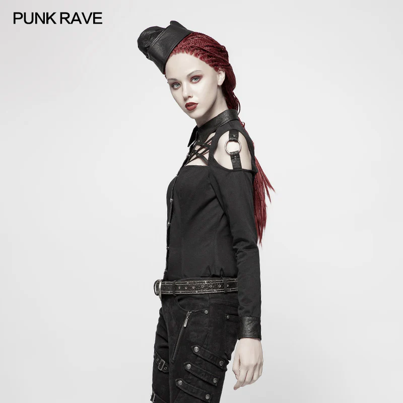 Punk Cross Long Sleeve Hollow-out Shoulder Shirt - Image 2