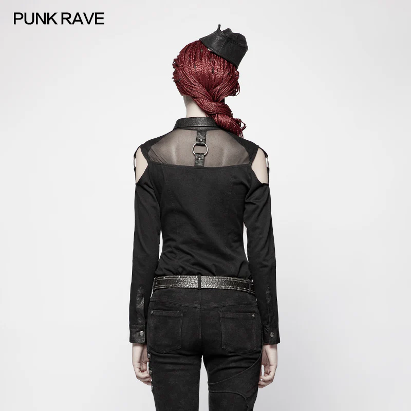 Punk Cross Long Sleeve Hollow-out Shoulder Shirt - Image 3