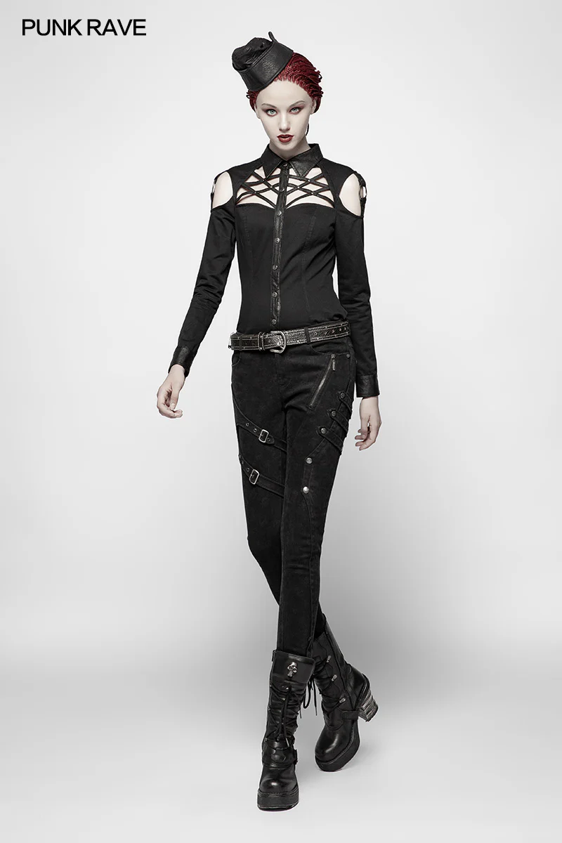 Punk Cross Long Sleeve Hollow-out Shoulder Shirt - Image 6