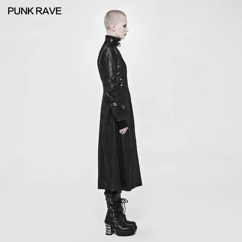 Punk Darkness Stand-Collar Leather Long Coat For Women - Image 2