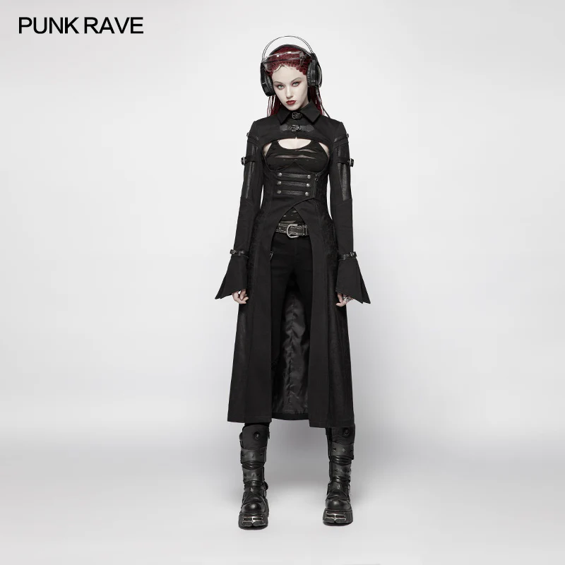 Punk Futuristic Long Coat With Adjustable Drawstring Design