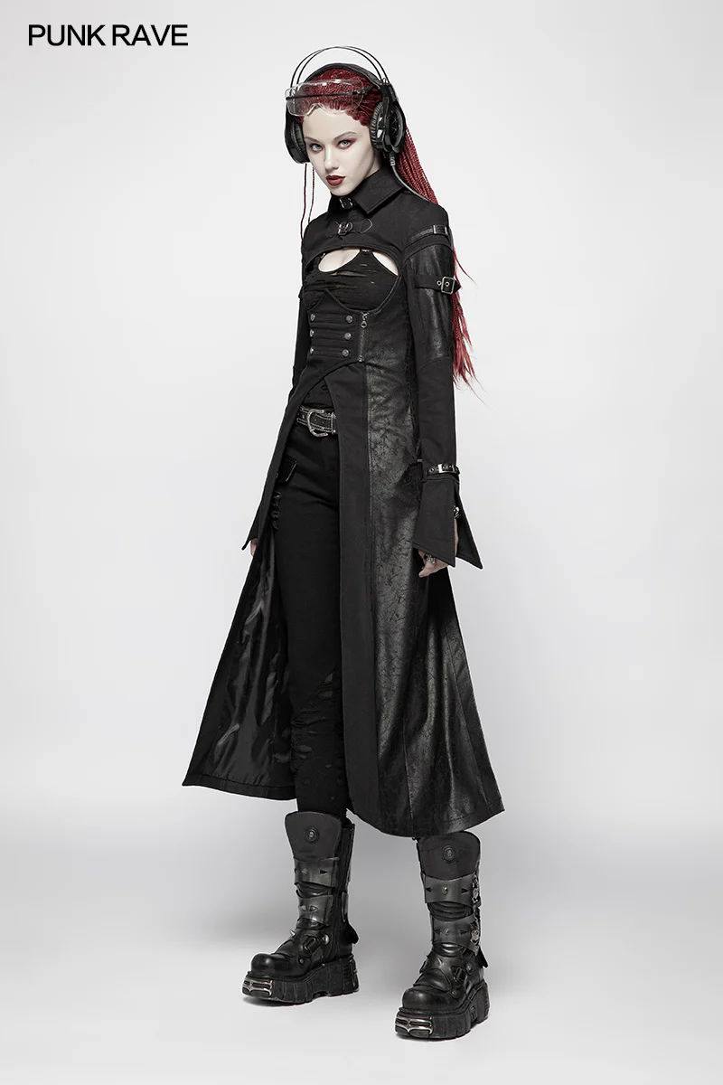 Punk Futuristic Long Coat With Adjustable Drawstring Design - Image 6