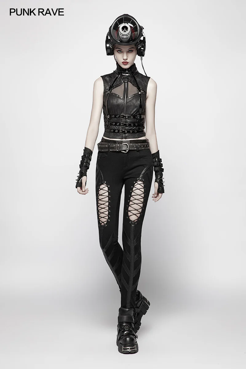 Punk High Neck Elastic Knitted PU Super Short Vest - Image 6