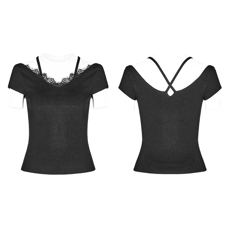Punk Lace V-collar Back Cross Strap Knitted Sweater T-shirt - Image 4
